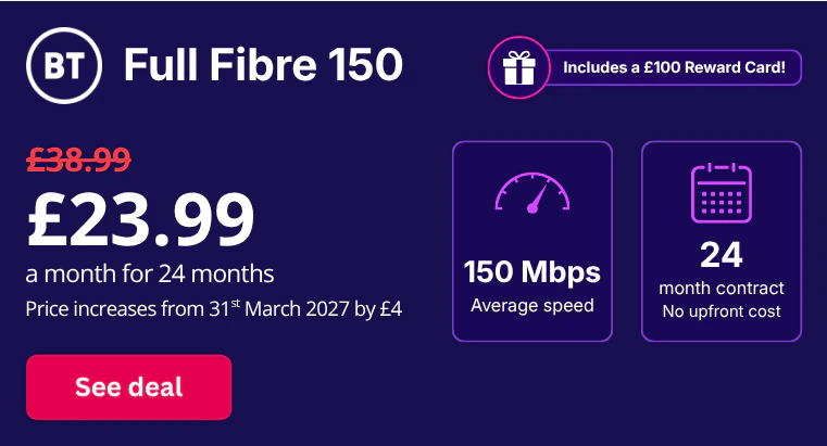 BT Full Fibre 150 broadband deal: 150 Mbps average speed, 24-month contract
